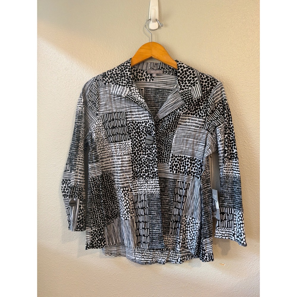 Habitat Button Down Shirt Womens XS Putty Black White Patch Crinkle NEW